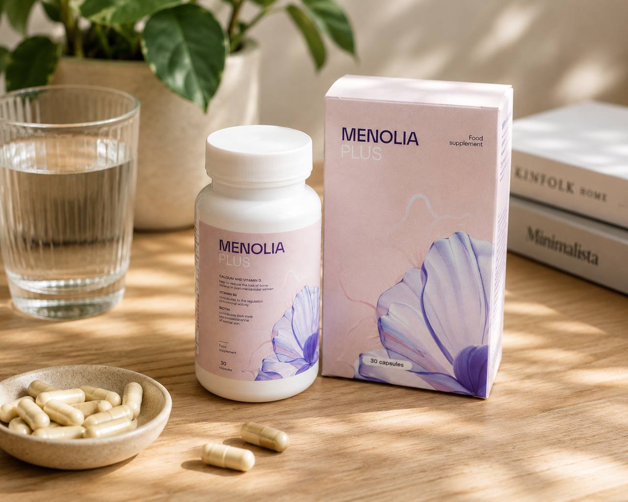 MENOLIA PLUS საკვები დანამატის შეფუთვა და ბოთლი